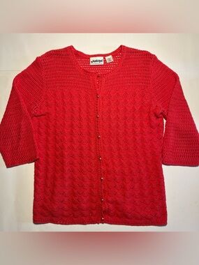 National Vintage Coral Lace Knit Cardigan Size Medium Beautiful Pearl Button